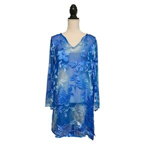 Silk Blue Floral Sheer Flowy Tunic Top Size S/M Beach Vacation Tropical
